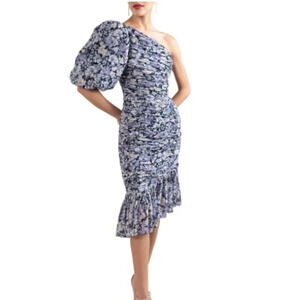 Shoshanna Dress XS One Shoulder Midi Floral Puff Coquette Romantic Summer Ruffle